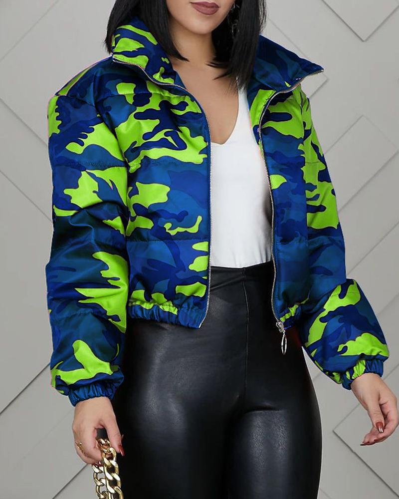 

Camouflage Print Zipper Design Gilet Puffer Jacket, Green
