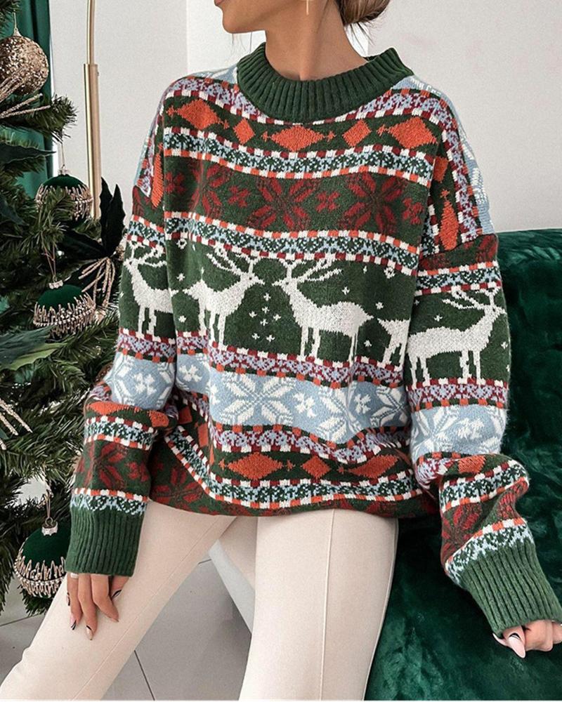 

Christmas Snowflake Elk Print Long Sleeve Sweater, Green