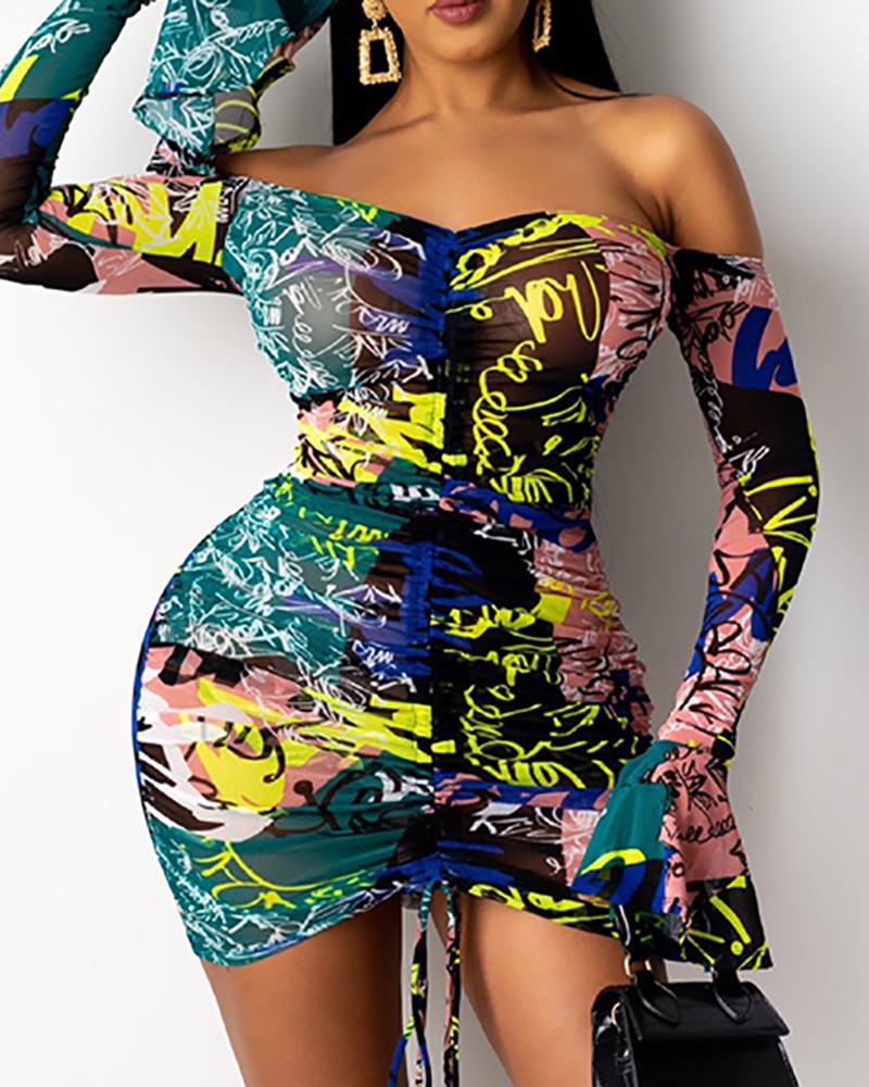 

Off Shoulder Drawstring Ruched Graphic Print Bodycon Dress, Green