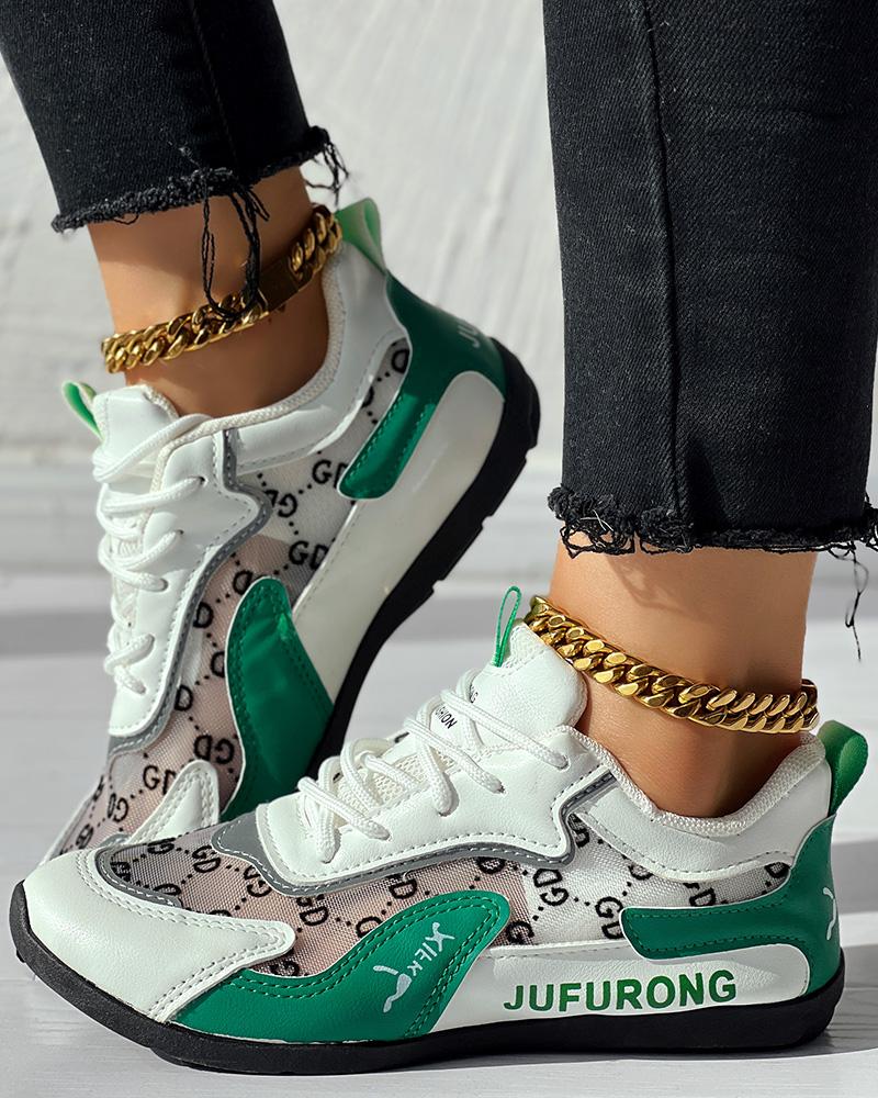 

Colorblock Letter Print Breathable Sneakers, White&green