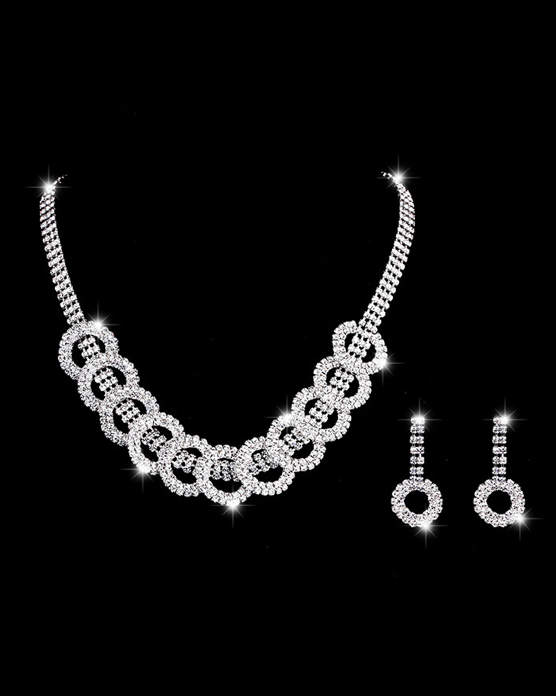 

2pcs Hollow Out Rhinestone Chain Necklace & Drop Earrings Jewelry Set, Silver
