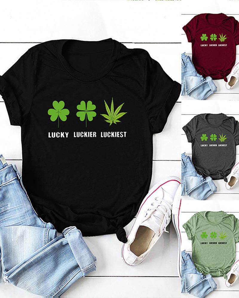 

St.Patrick's Day Clover Print Short Sleeve T-Shirt, Black