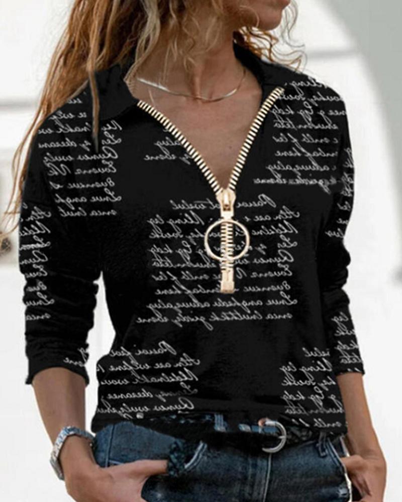 

Letter Print Long Sleeve Zip-up Top, Black