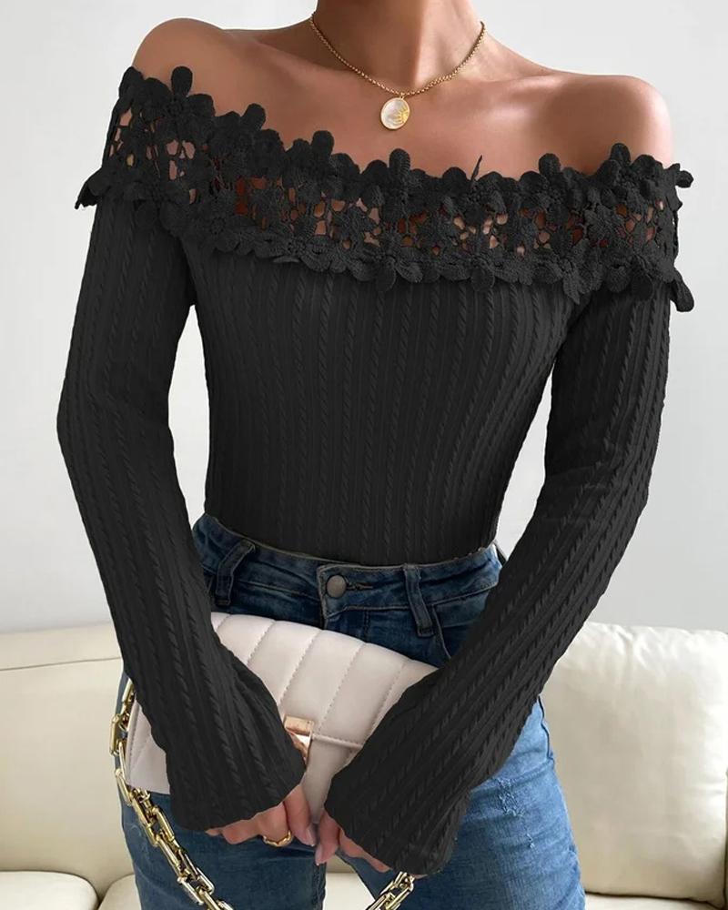 

Contrast Lace Off Shoulder Top, Black