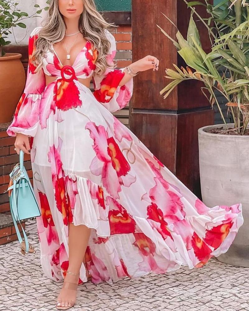 

Floral Print Long Sleeve Long Dress, Pink