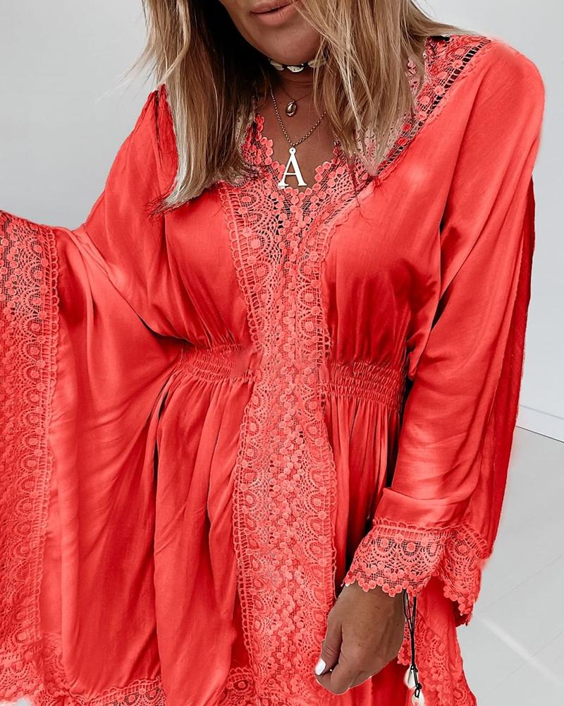 

Guipure Lace Shirring Detail Batwing Sleeve Dress, Orange