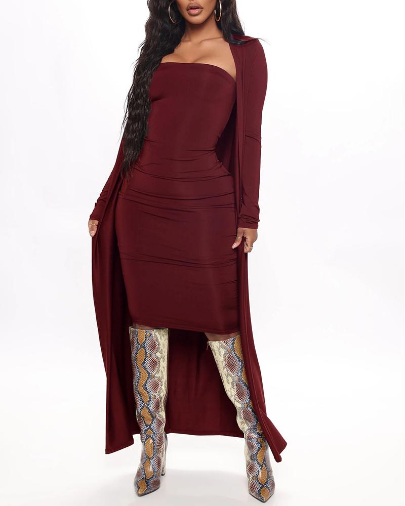 

Bandeau Bodycon Dress With Open Front Coat, Wine red