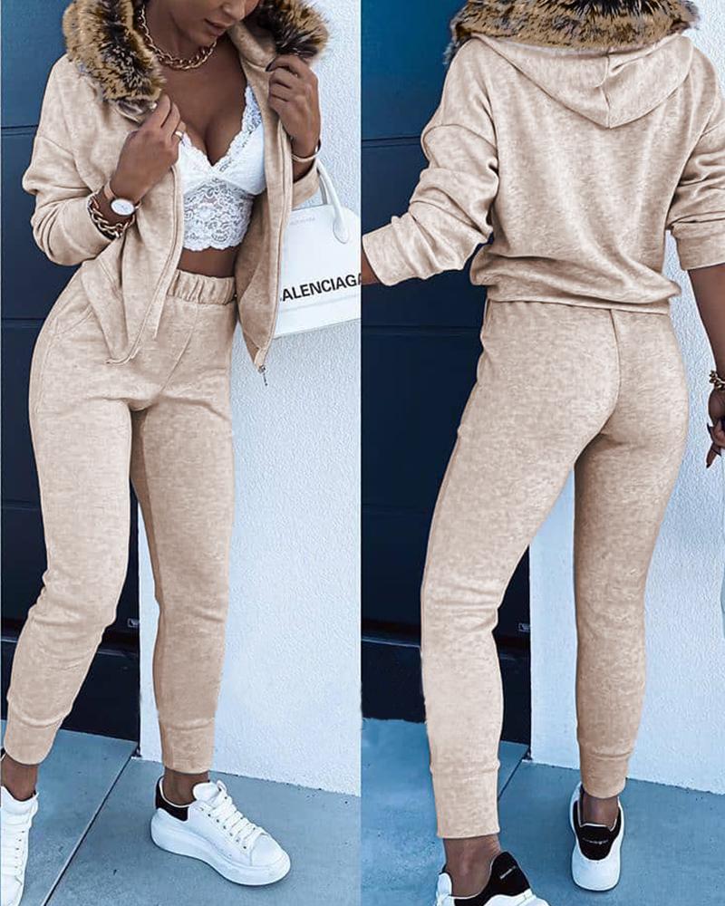 

Zip Fluffy Hooded Top & Pocket Design Pants Set, Beige