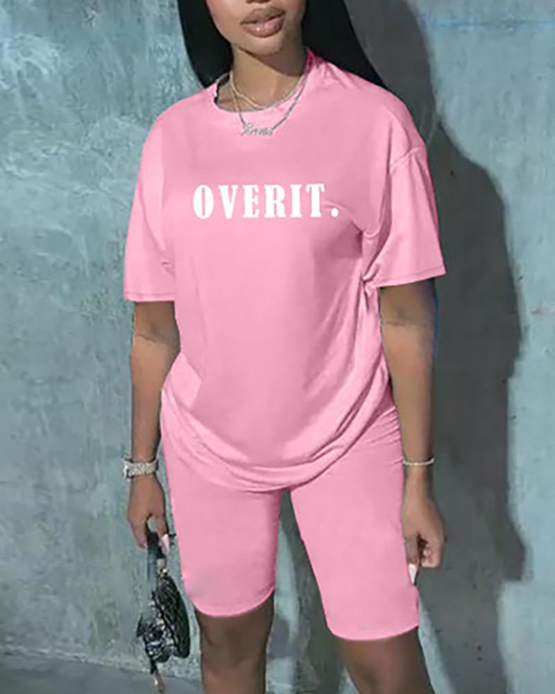 

Letter Print Round Neck Top & Shorts Set, Pink