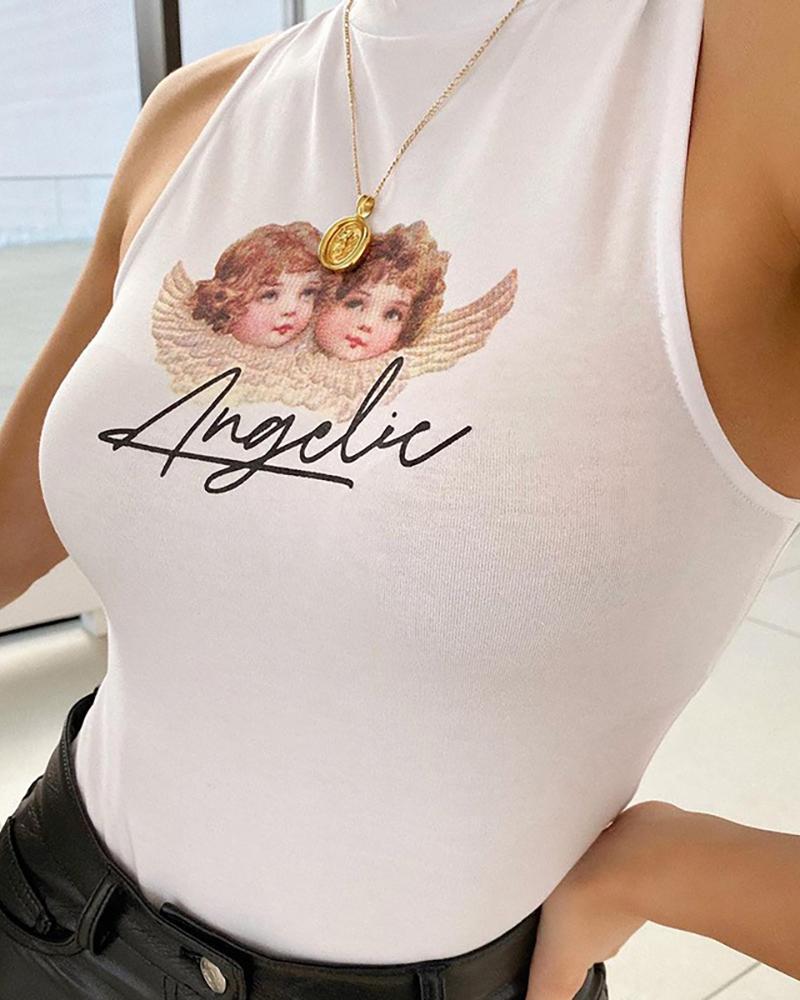 

Figure Letter Print O-neck Tank Top, White