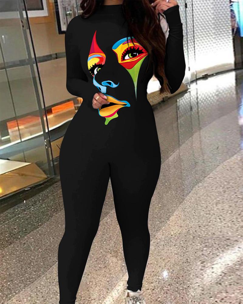 

Abstract Figure Print Long Sleeve Skinny Jumpsuit, Black
