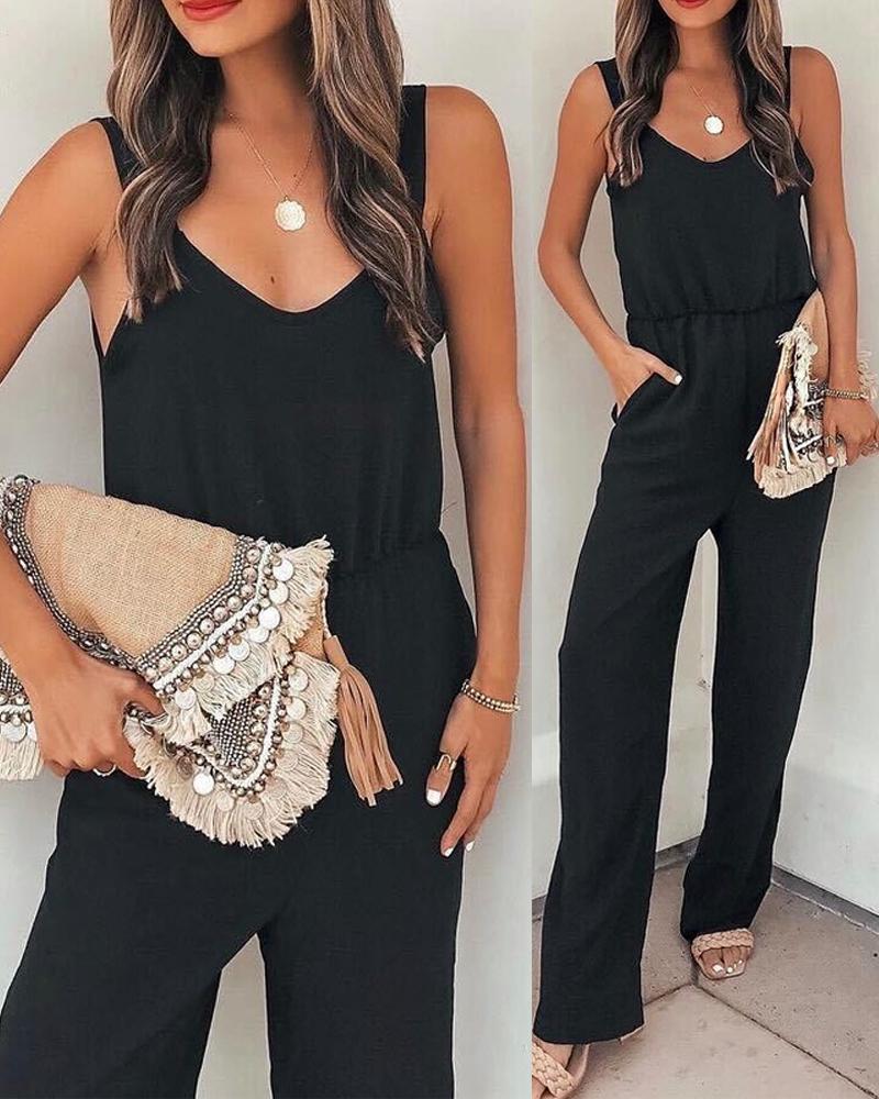 

Pocket Design V-Neck Thick Strap Jumpsuit, Black