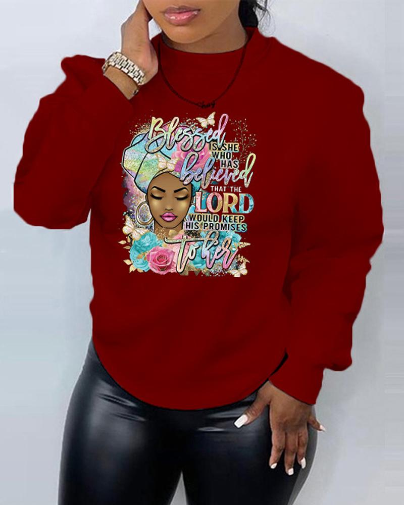 

Plus Size Figure Letter Print Long Sleeve Sweatshirt, Wine red