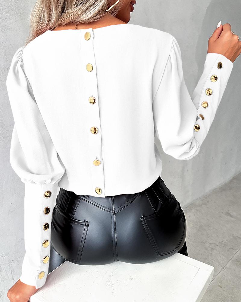 

Button Decor Long Sleeve Top, White