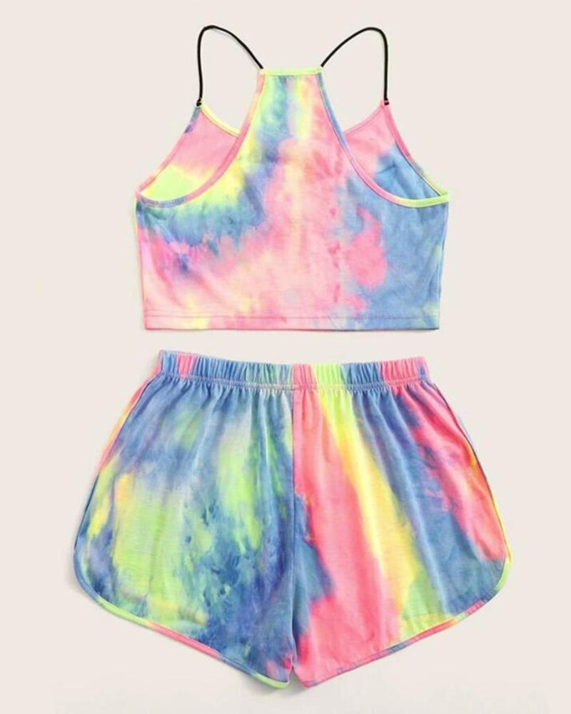

Tie Dye Multicolor Sleeveless Strap Tanks Suit Sets, Pink