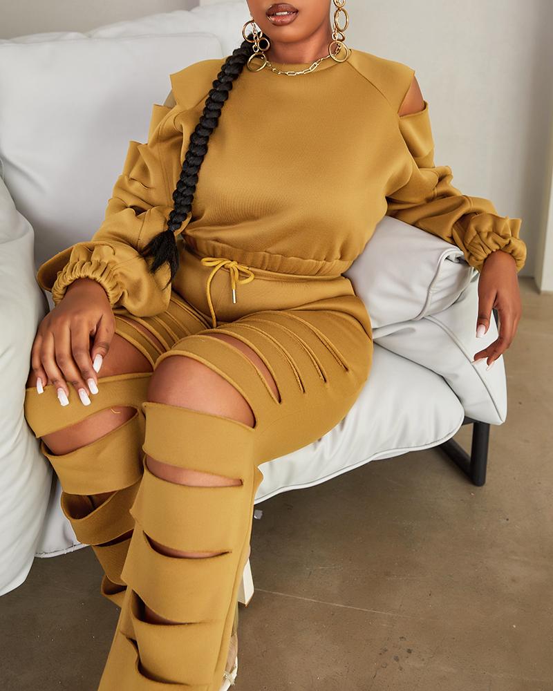 Cutout Long Sleeve Drawstring Top & High Waist Pants Set