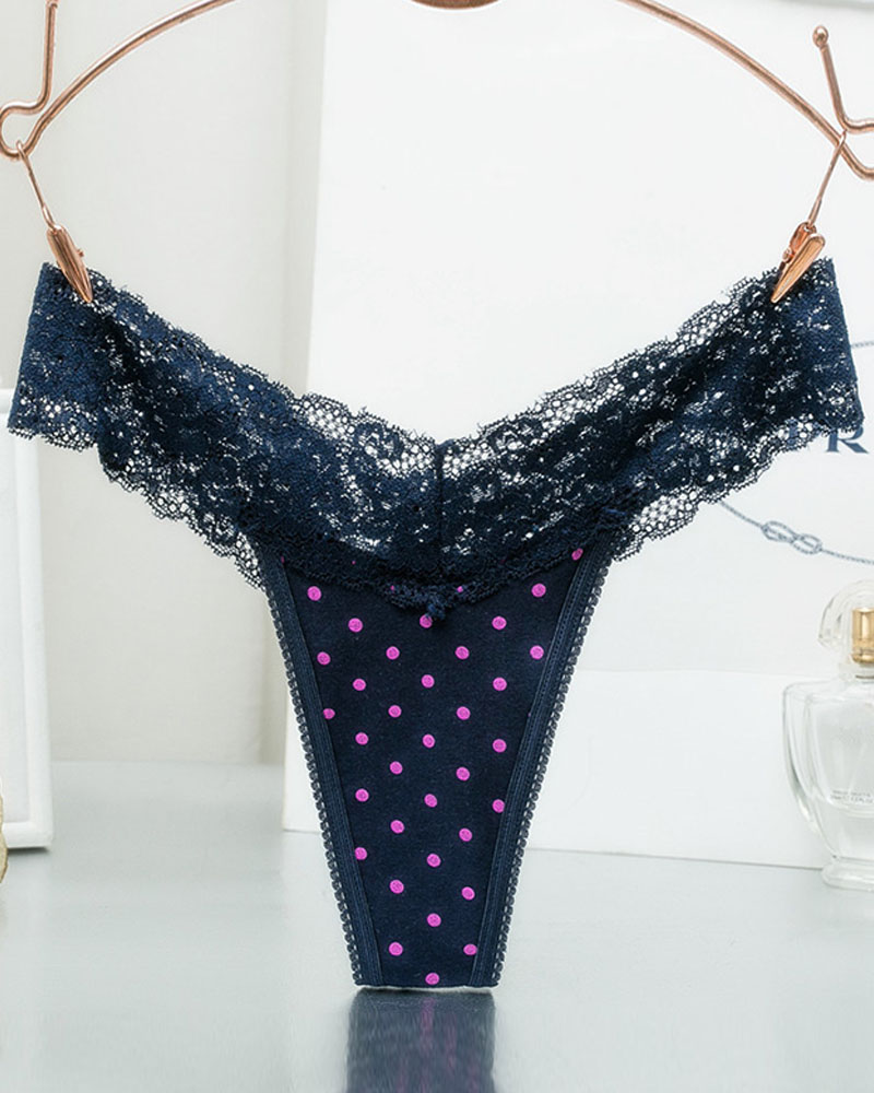 

Polkadot / Striped / Cheetah Print Lace Trim Thong Panty, Dark blue