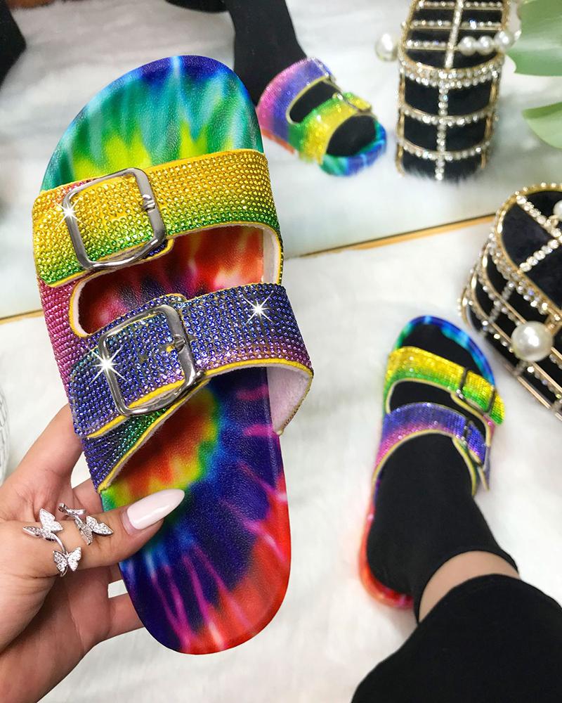 

Studded Twin Buckle Band Footbed Slide Slippers, Multicolor