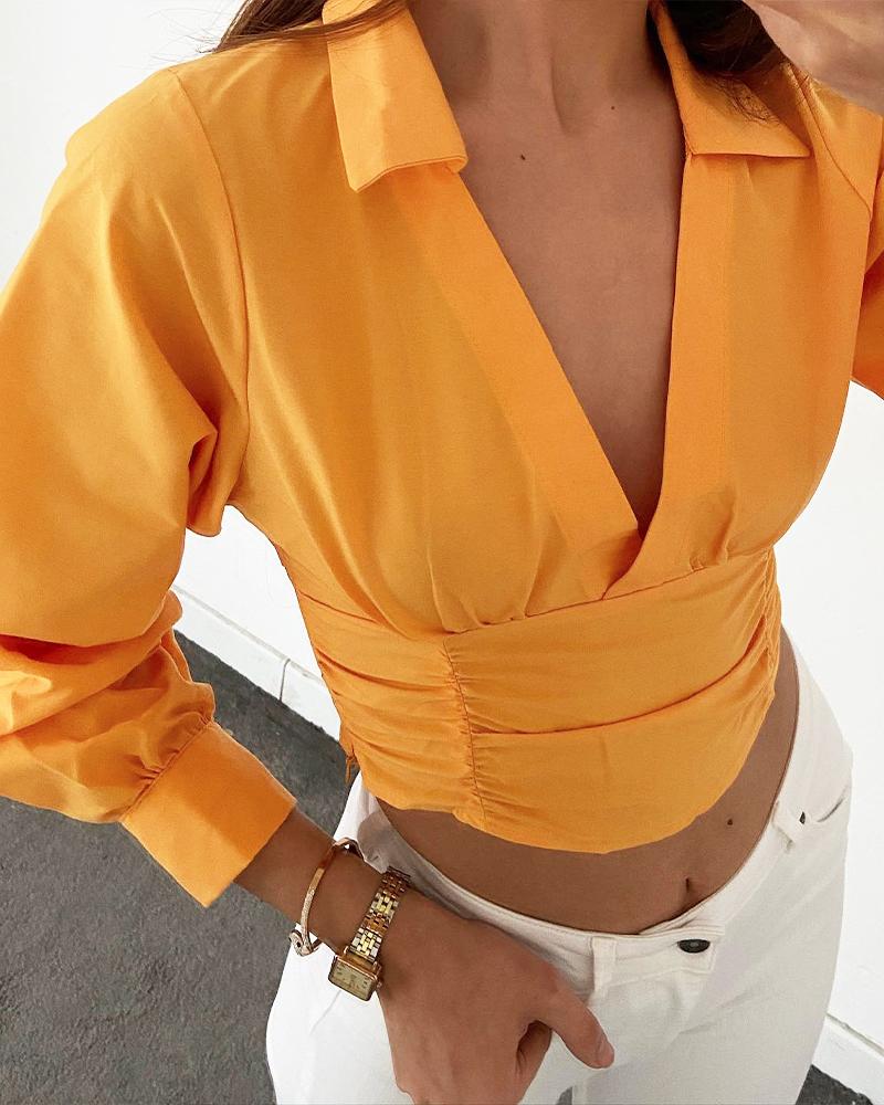 

Long Sleeve Ruched Crop Top, Orange