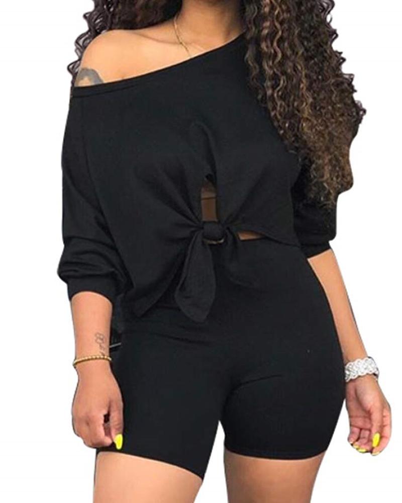 

Tied Detail Top & High Waist Shorts Set, Black