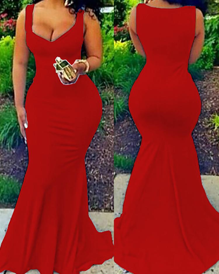 

Sexy Solid Low Cut Slinky Fishtail Maxi Dress, Red