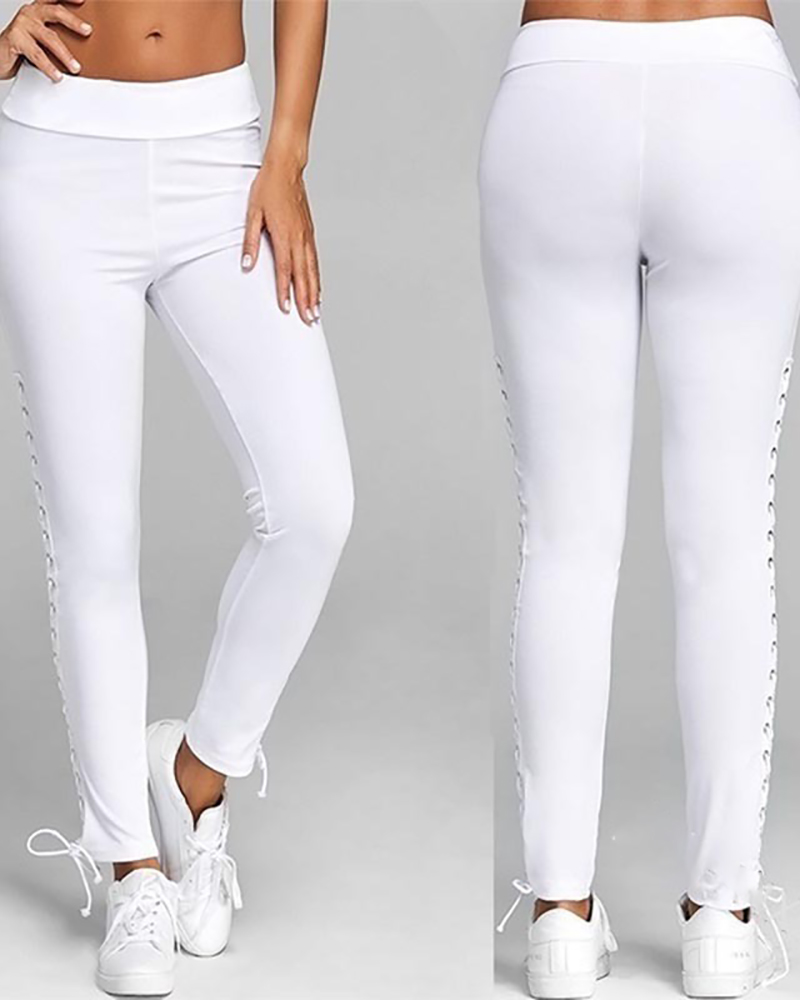 

High Waist Eyelet Lace-Up Skinny Pants, White