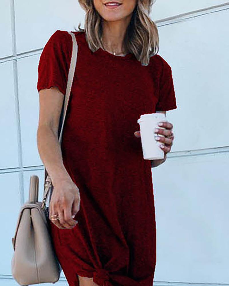 

Round Neck Short Sleeve Casual Dress, Wine red