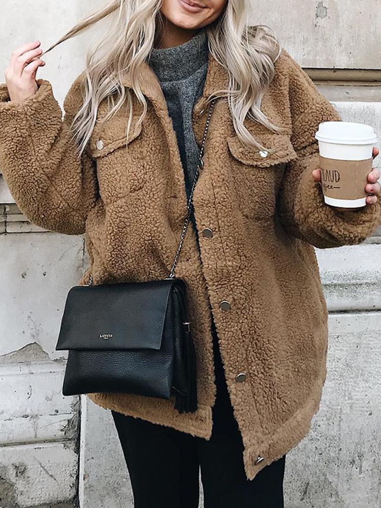 

Long Sleeve Pocket Design Teddy Jacket, Khaki