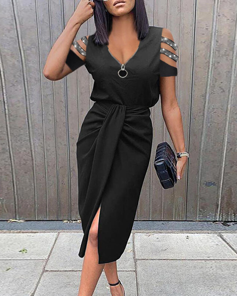 

Ladder Cutout Cold Shoulder Ruched Split Work Dress, Black