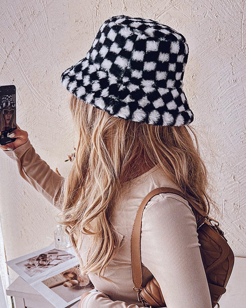 

Plaid Print Fluffy Bucket Hat, Blackwhite