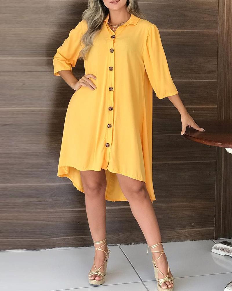 

Button Front Dip Hem Casual Shirt Dress, Yellow