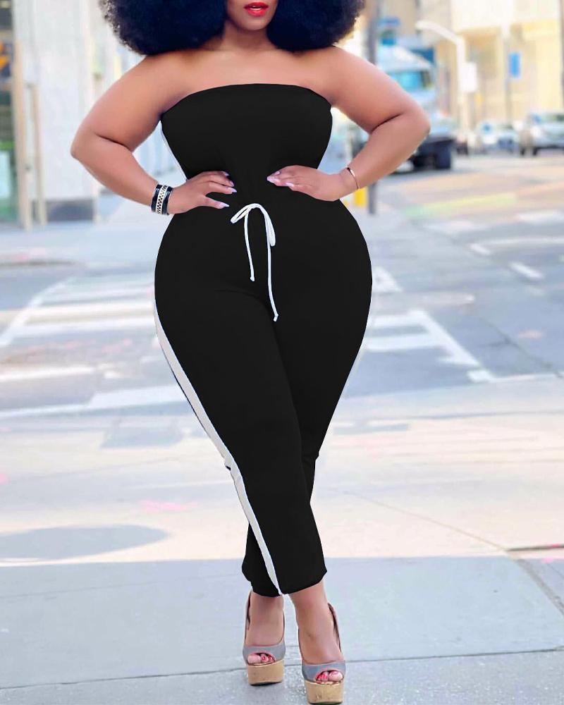 

Plus Size Contrast Paneled Bandeau Drawstring Jumpsuit, Black