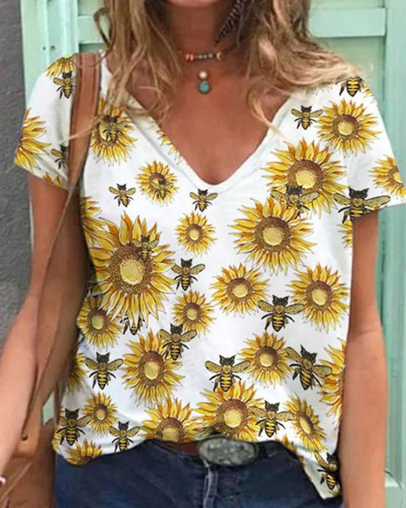 

Sunflower Bee Print Short Sleeve Casual T-shirt, White