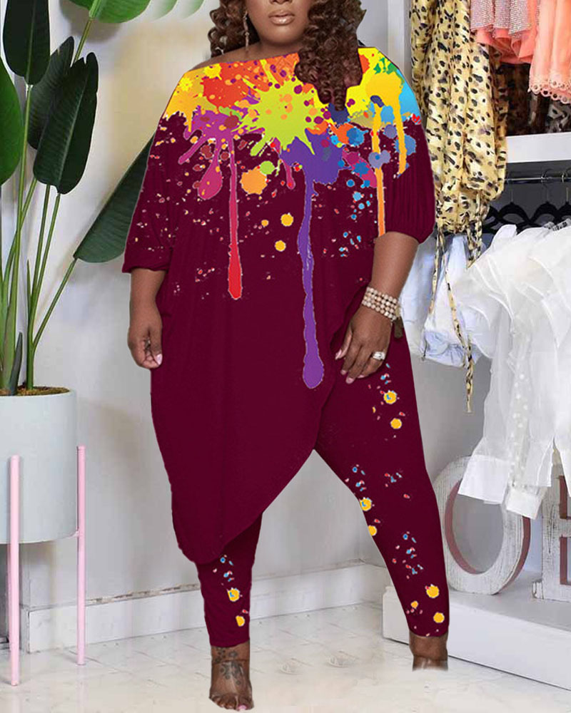 

Plus Size Ink Splash Print Asymmetrical Top & Pants Set, Wine red