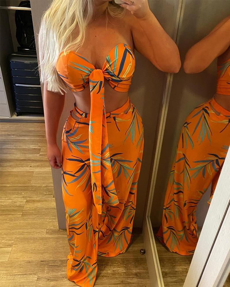 

Floral Print Off Shoulder Sleeveless Cropped Top With Pants Suit Sets, Orange