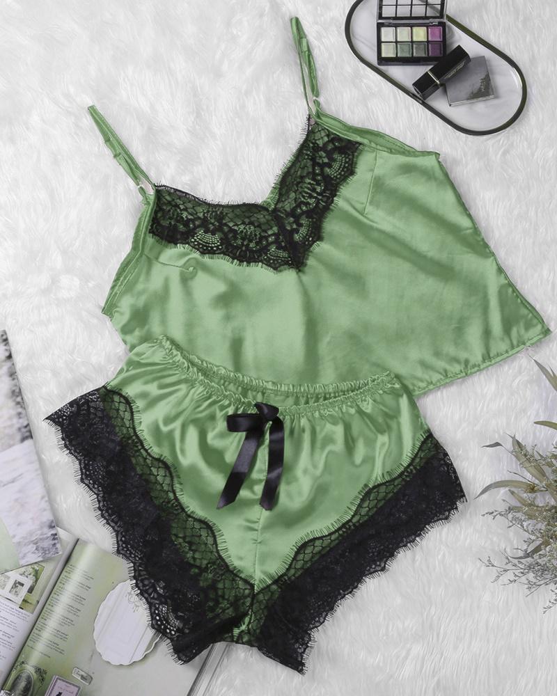 

Contrast Lace V-Neck Cami Set, Green