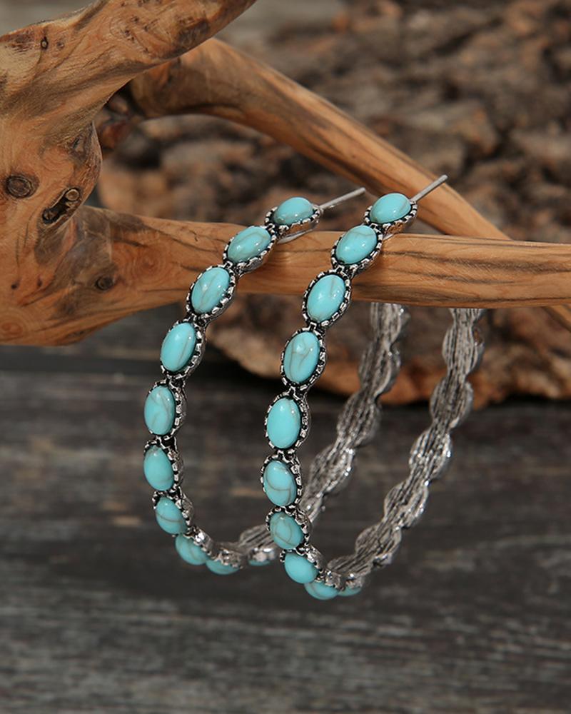 

1Pair Retro Turquoise Hoop Earrings, Blue