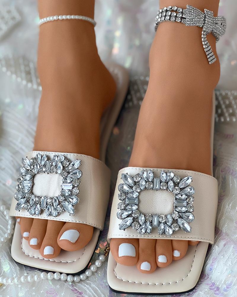 

Square Toe Rhinestone Decor Slippers, Beige