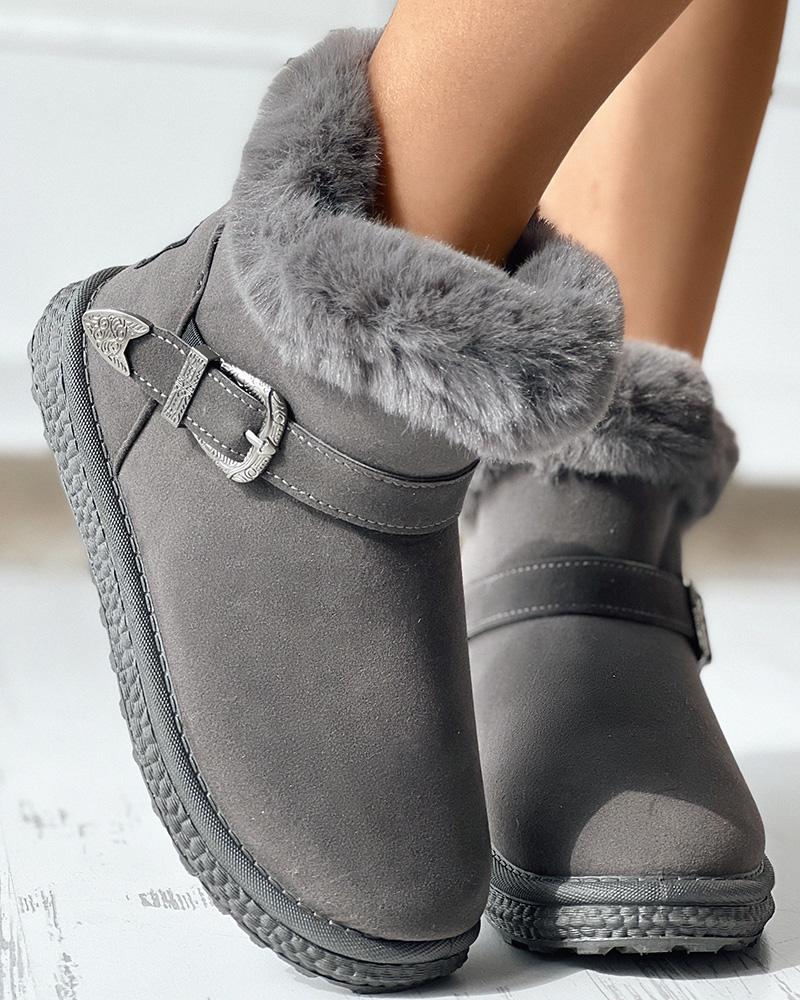 

Fuzzy Trim Lined Buckled Snow Boots, Gray