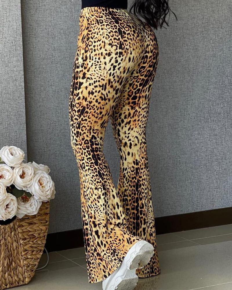 

High Waist Cheetah Print Bootcut Pants, Leopard