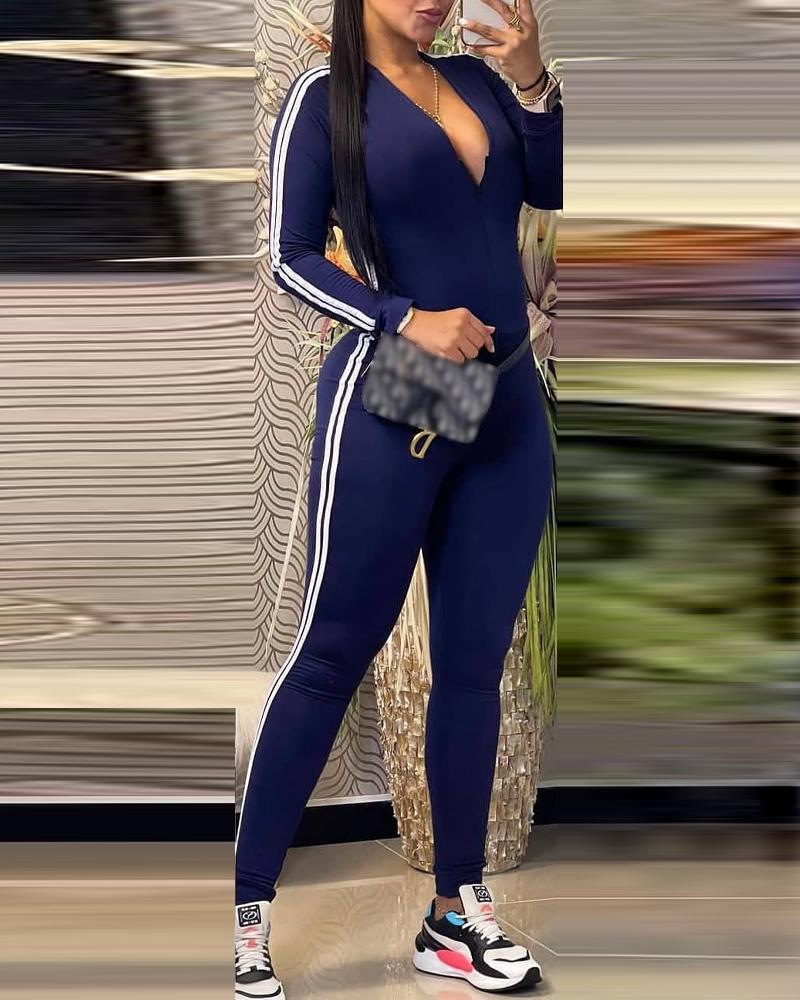 

Striped Plunge Long Sleeve Jumpsuit, Blue
