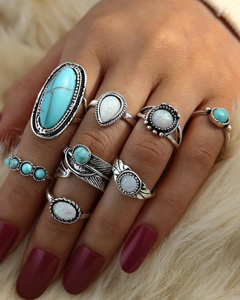 

8pcs Vintage Geometric Stackable Feather Turquoise Rings Set, Blue