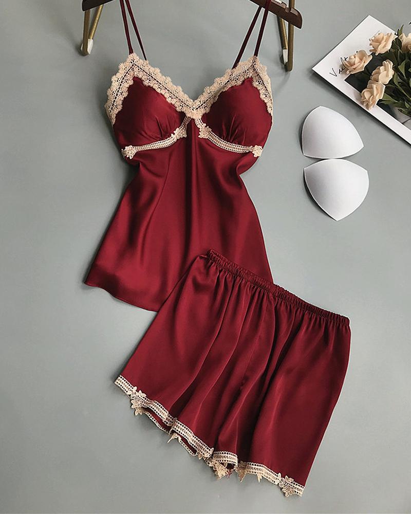 

Lace Trim Satin Padded Cami Set, Wine red
