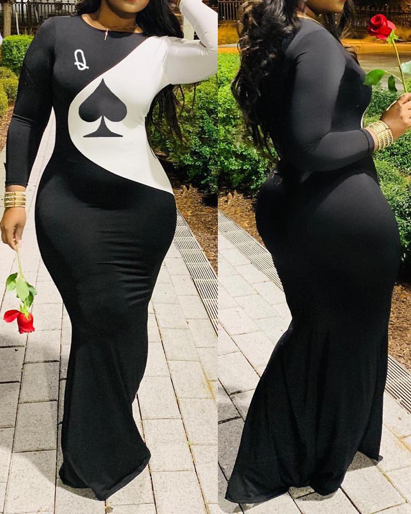 

Plus Size Poker Print Colorblock Long Sleeve Maxi Dress, Black