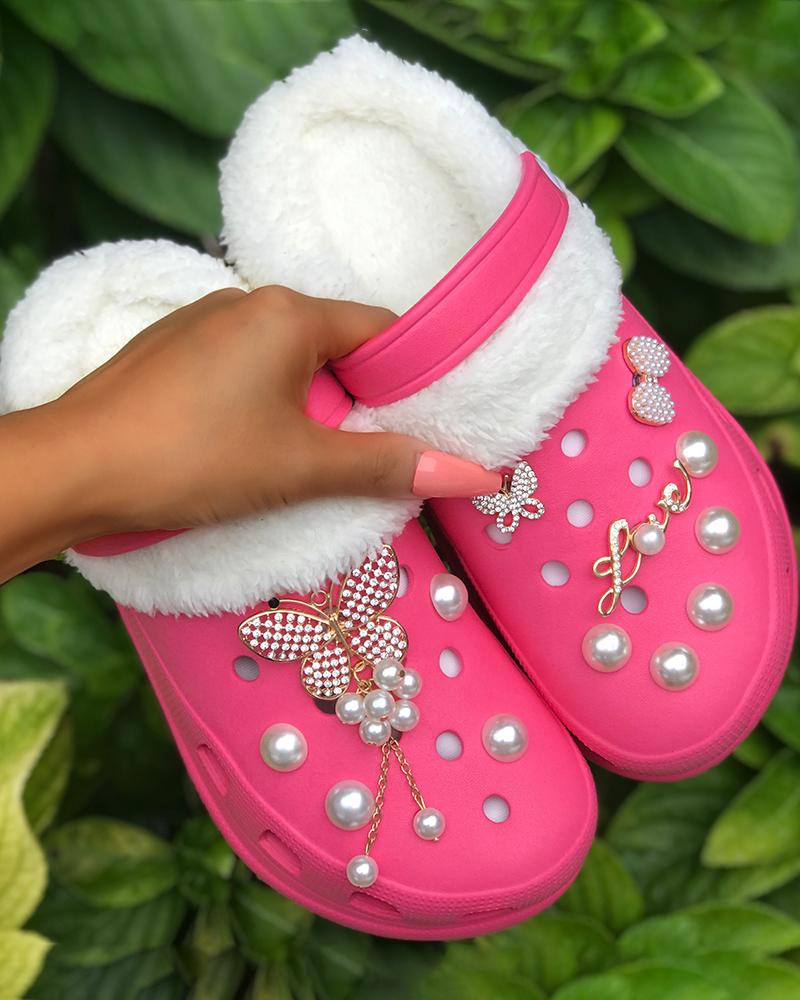 

Rhinestone Butterfly Pattern Beaded Lined Fluffy Clogs, Hot pink