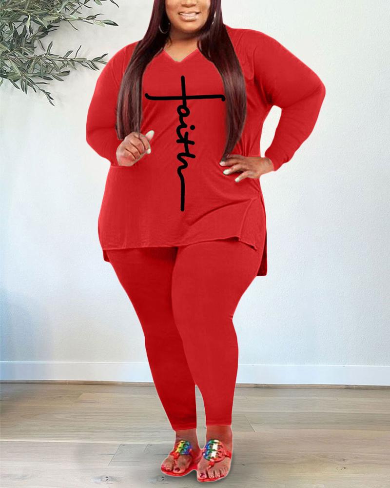 

Plus Size Letter Print Long Sleeve Top & Pants Set, Red