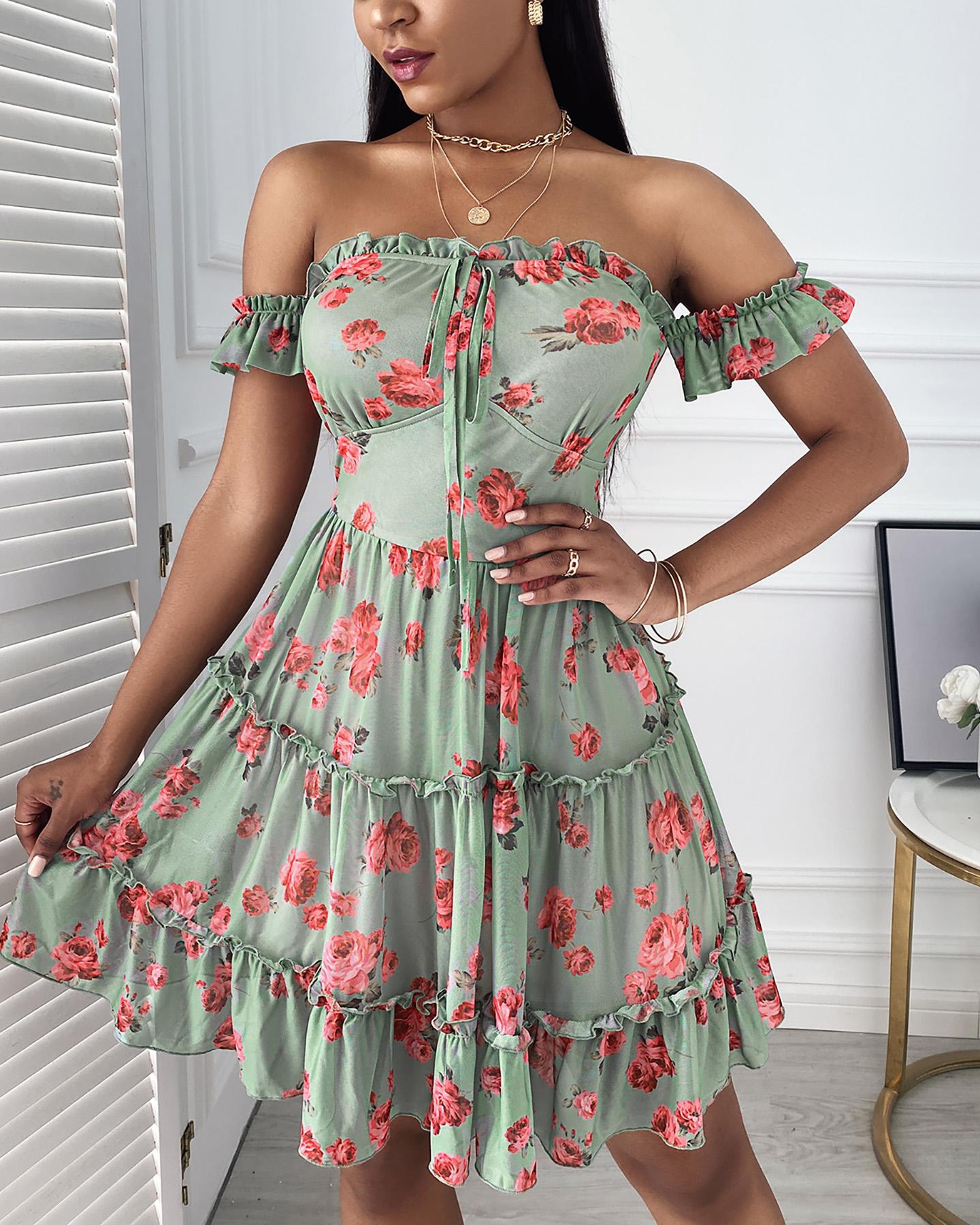 

Floral Print Off Shoulder Frill Hem Women Dress, Green