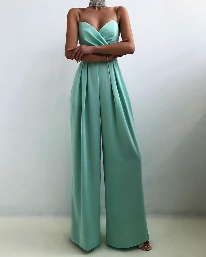 

Ruched Spaghetti Strap Wide Leg Jumpsuit, Green