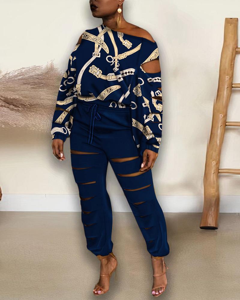 

Scarf Print Ladder Cutout Long Sleeve Top & Pants Set, Blue