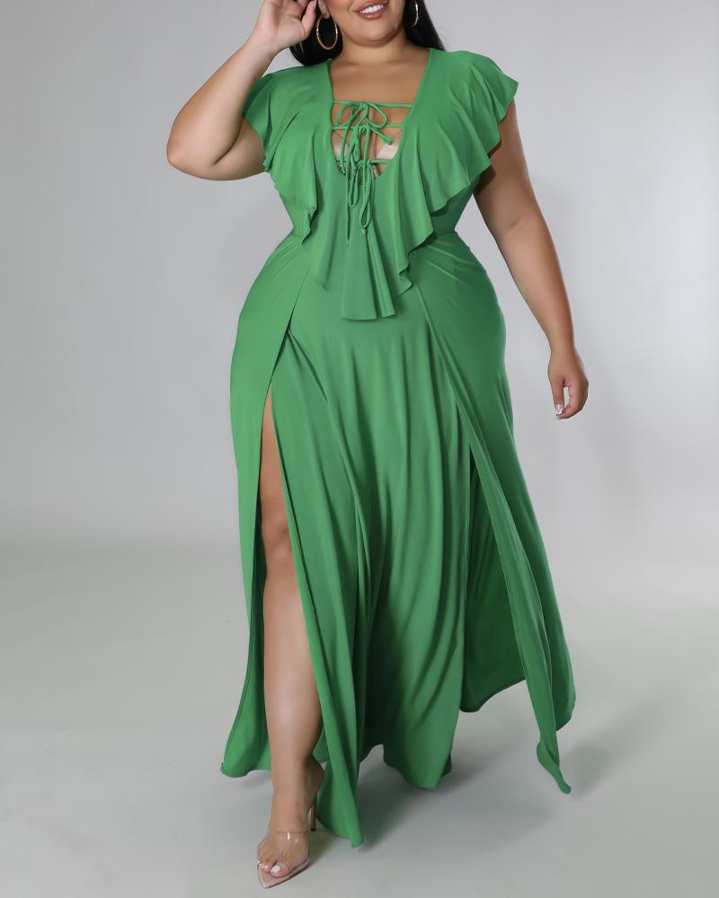 

Plus Size Plunging Neck Ruffle Hem High Slit Maxi Dress, Green